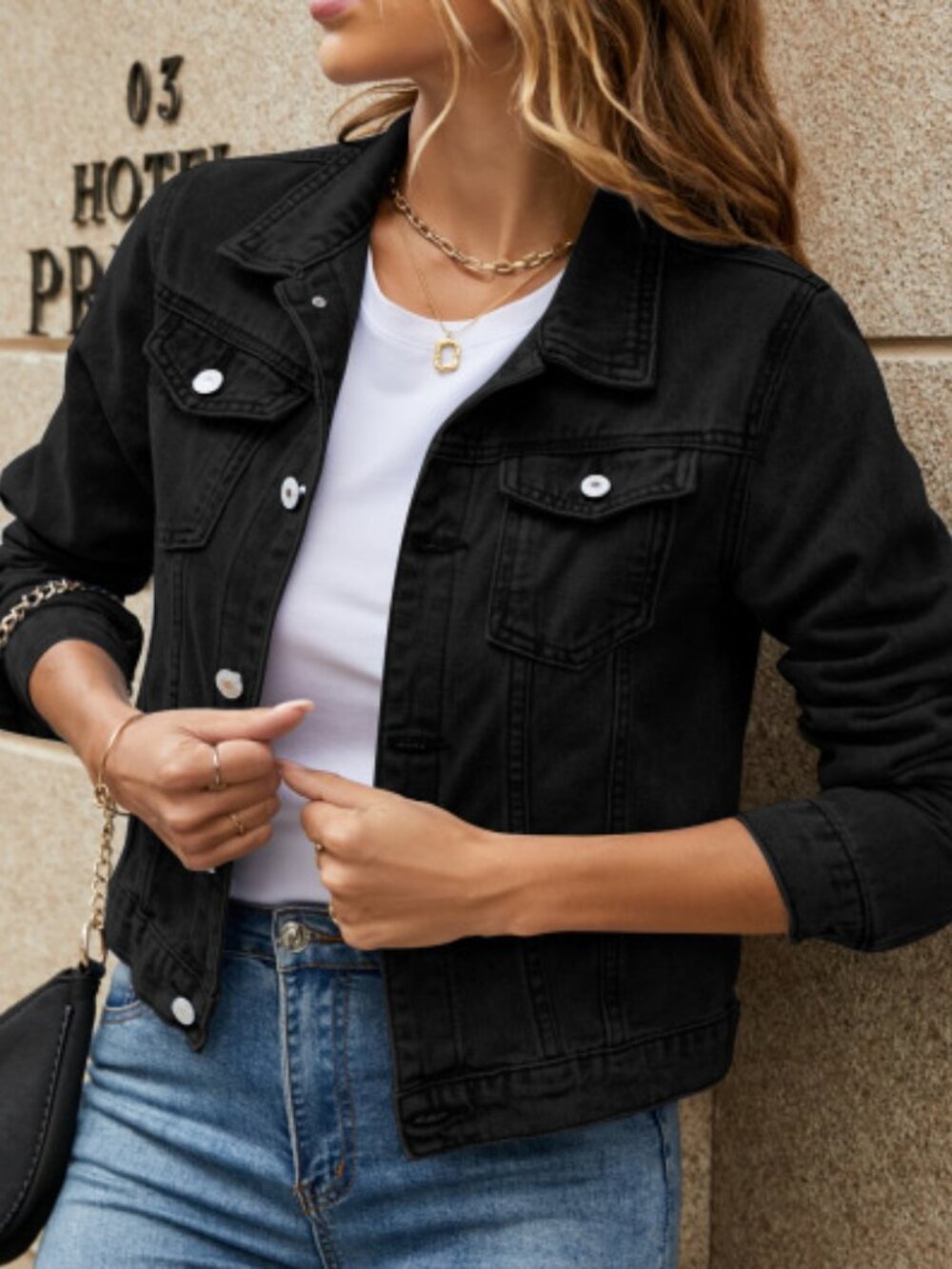 Women’s Black Slim Lapel Denim Jacket Long Sleeve Casual Commuter Jean Coat
